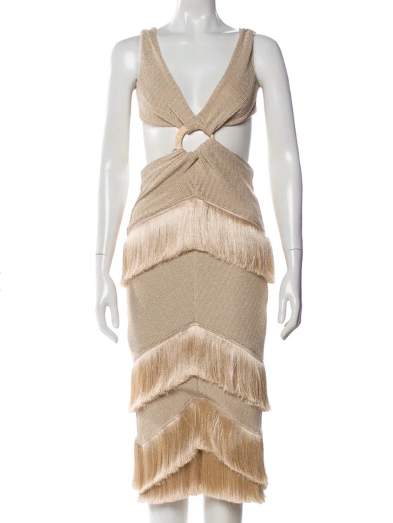 PatBO Dresses & Skirts - Beige Metallic Fringe Midi Dress